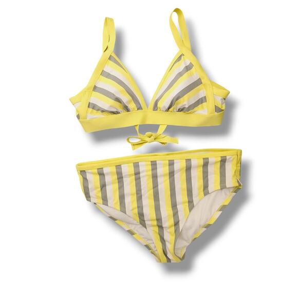 Kona Sol  2pc Bikini Plus Size 1X Yellow Gray White Striped Triangle Swim Beach - Picture 5 of 14